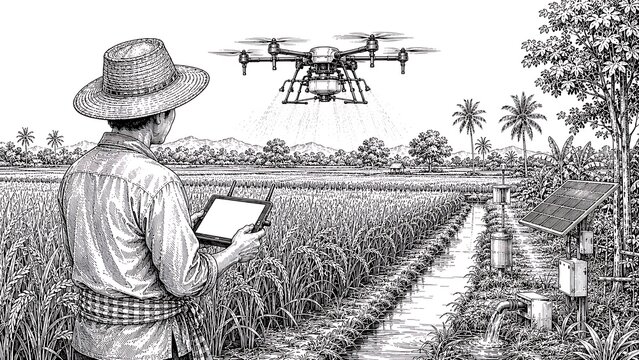 Thai farmer using agricultural drone in smart rice field