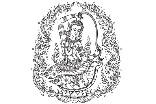 Intricate Line Art of Serene Divine Figure Surrounded by Elegant Floral Patterns and Graceful Elements