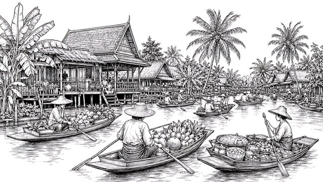 Historic Thai floating market with traditional wooden boats