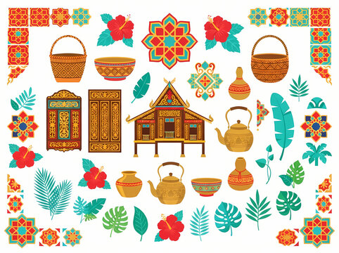 A collection of traditional Malaysian cultural elements including a wooden house tea sets and tropical flowers.