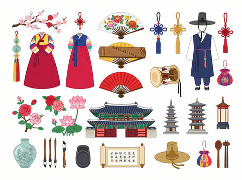 A collection of traditional Korean cultural icons and artifacts.