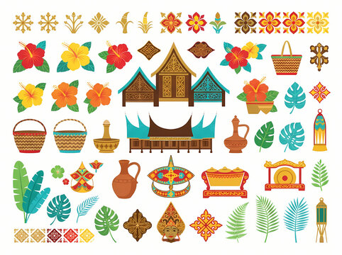 A collection of traditional Indonesian cultural icons and tropical botanical elements.