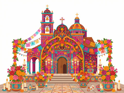 Vibrant Mexican church decorated for Dia de los Muertos celebration.