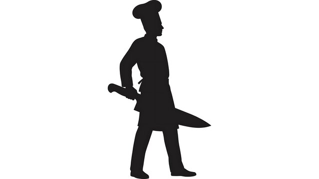 Chef silhouette holding cleaver white background.