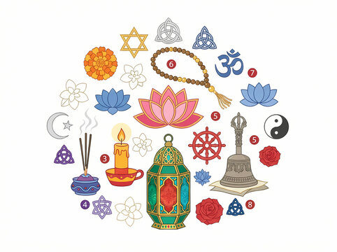 A collection of diverse spiritual and religious symbols arranged in a circular composition.