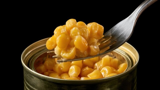 Close-up of sweet yellow corn kernel on a fork being lifted out from an open metal can against a black background for food ingredient concept