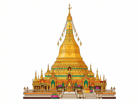 A majestic golden Buddhist pagoda featuring intricate traditional Burmese architectural design.