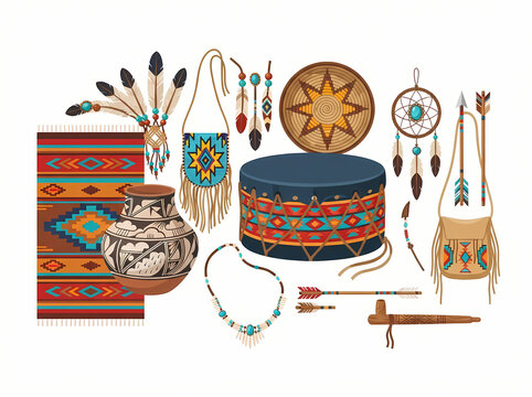 A collection of traditional Native American cultural artifacts and decorative items.