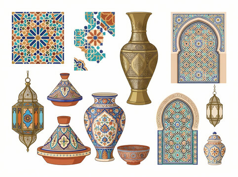 Collection of traditional Moroccan and Islamic decorative art objects and architectural elements.