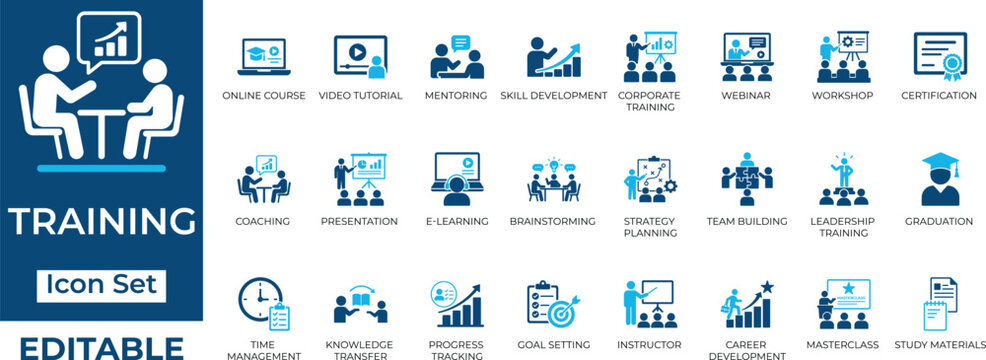Corporate training, e-learning, and business education icon set. Editable vector symbols for coaching, webinar, and skill development.