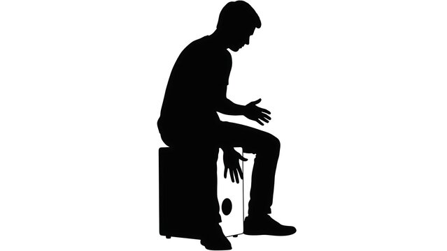 Silhouette of man playing cajon drum white background.