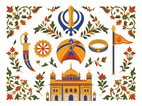 Sikh religious symbols and Golden Temple illustration.