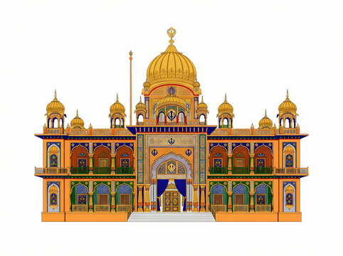 A detailed illustration of a majestic Sikh Gurdwara with golden domes and intricate architectural features.