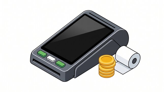 Isometric modern pos payment terminal with receipt roll and coin stacks isolated on white background