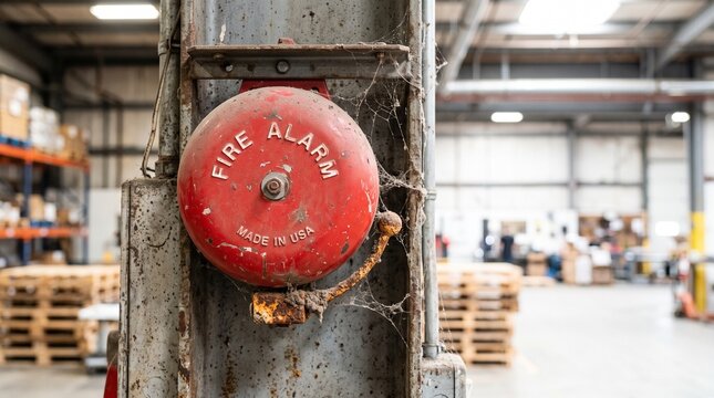 Rusty red fire alarm bell on warehouse column