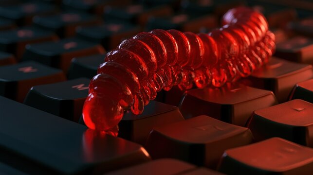 Close-up of a translucent red worm on black computer keyboard keys with dramatic lighting showing cyber security threat concept in technology environment