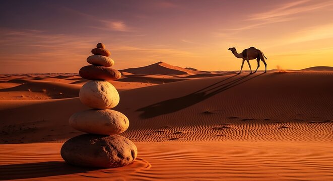 Stacked stones and camel in the vast sahara desert at sunset with adventure
