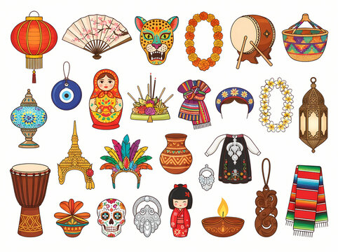 A collection of diverse cultural artifacts and traditional items from around the world.