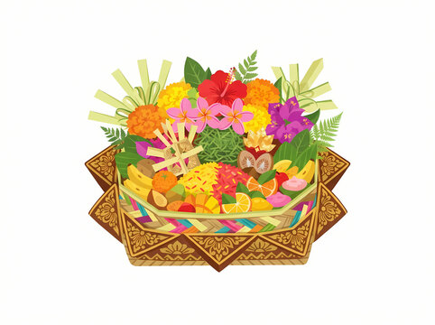 A vibrant Balinese Canang Sari offering featuring colorful flowers and traditional woven palm leaf decorations.