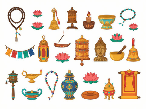 A collection of traditional Buddhist and Hindu religious ritual objects and symbols.