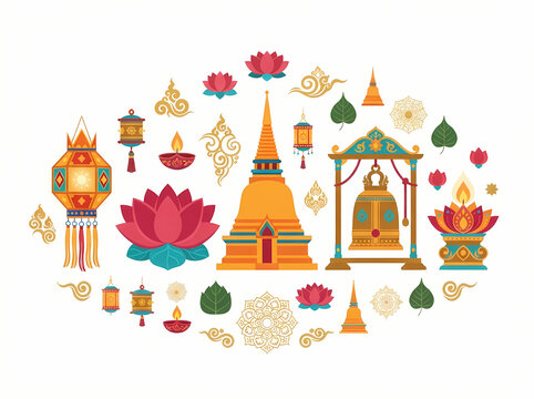 A collection of traditional Thai Buddhist symbols and cultural icons arranged in an oval composition.