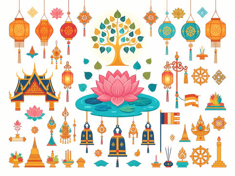 Collection of traditional Buddhist religious symbols and decorative elements.