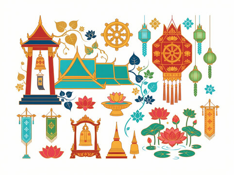 A collection of traditional Thai Buddhist temple elements and cultural symbols.