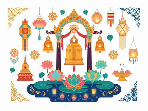 A collection of traditional Thai Buddhist temple elements including bells lanterns and lotus flowers.