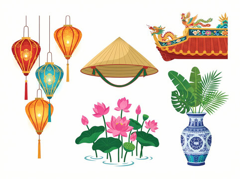 Collection of traditional Vietnamese cultural symbols and decorative elements.