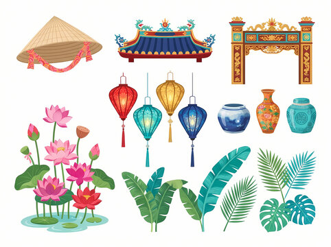 Watercolor collection of traditional Vietnamese cultural symbols and tropical botanical elements.