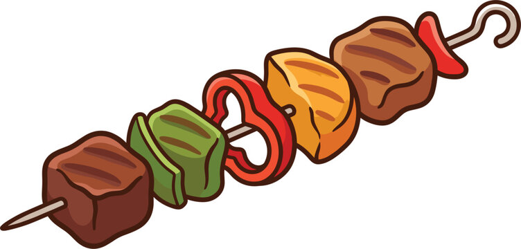 Delicious grilled meat shish kebab vector illustration with fresh vegetables on wooden skewer stick.