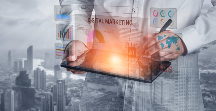 Business professional utilizes a tablet to analyze digital marketing data, showcasing modern strategy implementation through graphs and visual analytics in an urban office setting. Cyphers