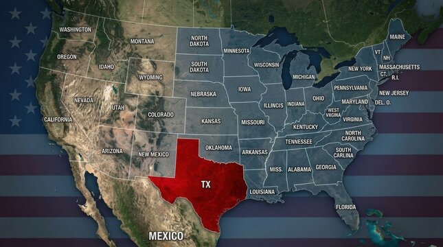 A satellite view map of the United States of America with the state of Texas highlighted in red