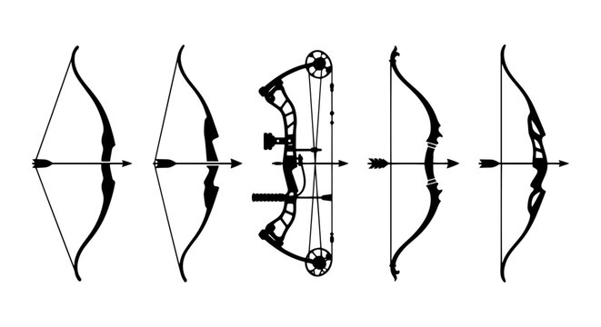 Archery Bows Collection: Traditional, Recurve, and Compound Bows with Arrows, Vector Set