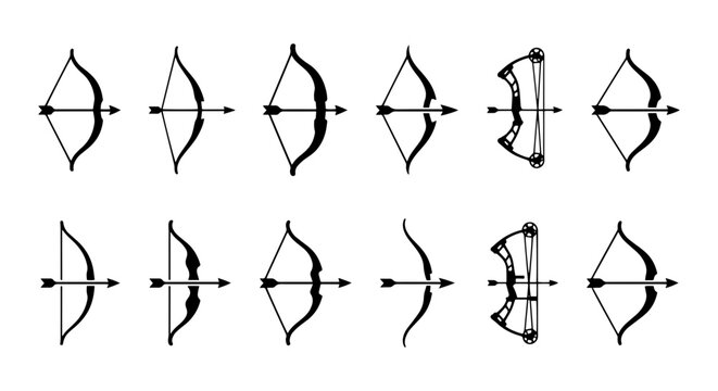 Archery Bow and Arrow Icons Set, Traditional and Compound Bow Vector Graphics