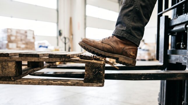 Warehouse worker stepping on broken pallet raised by forklift