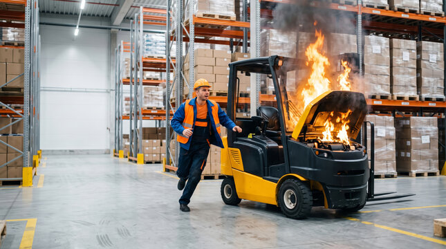 Warehouse worker running away from burning forklift in warehouse