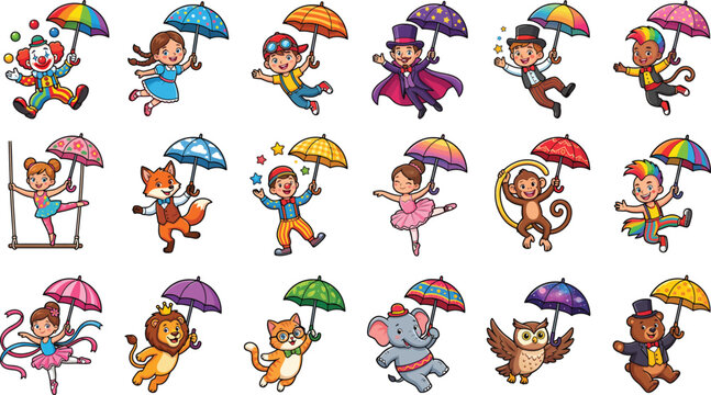Circus performers and animals holding colorful umbrellas on white background, cartoon style illustration.