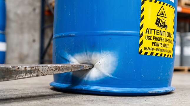 Forklift prong piercing blue plastic chemical drum in warehouse