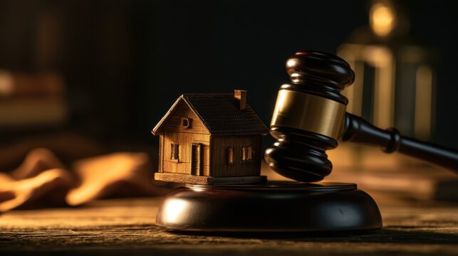 Wooden house miniature and legal gavel on wooden table symbolizing real estate law property dispute justice legal decision concept in warm light with dark background