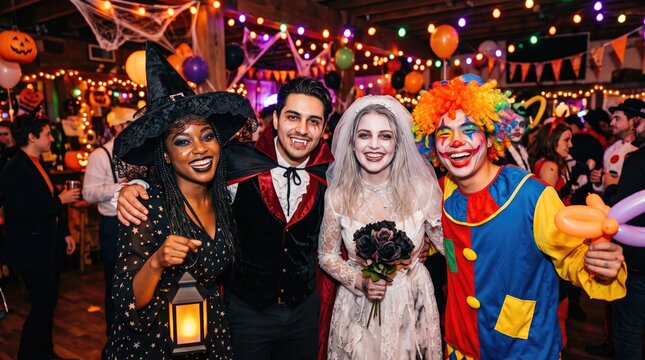 A lively group of friends in elaborate halloween costumes at a festive party