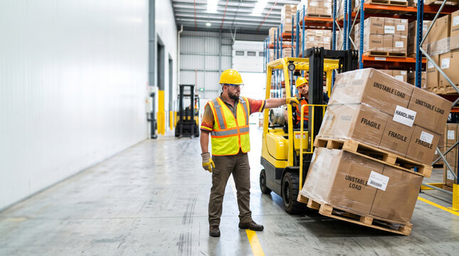 Industrial worker pointing at unstable load on forklift
