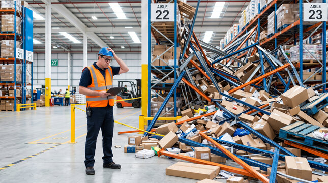 Stressed supervisor inspecting collapsed storage racks in warehouse aisle