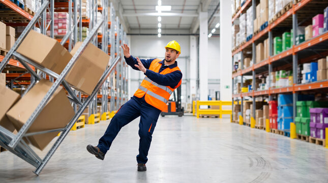 Warehouse worker dodging falling shelf with cardboard boxes