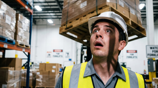 Warehouse worker looking up in shock at falling pallet