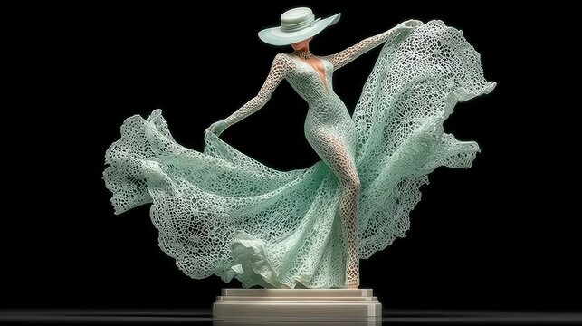 Elegant Woman in White Lace Dress and Wide Brim Hat Dancing on Display Stand