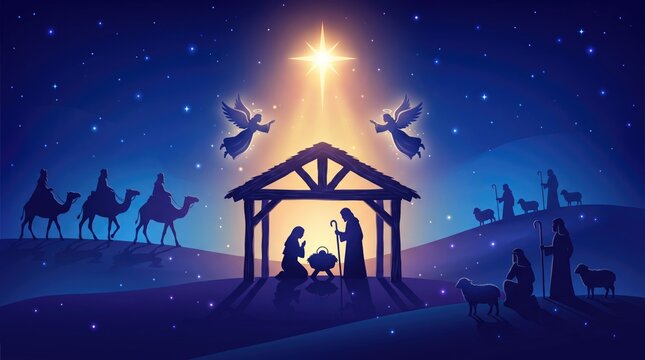 A beautiful depiction of the nativity scene showcasing the birth of jesus christ under a radiant star filled night sky