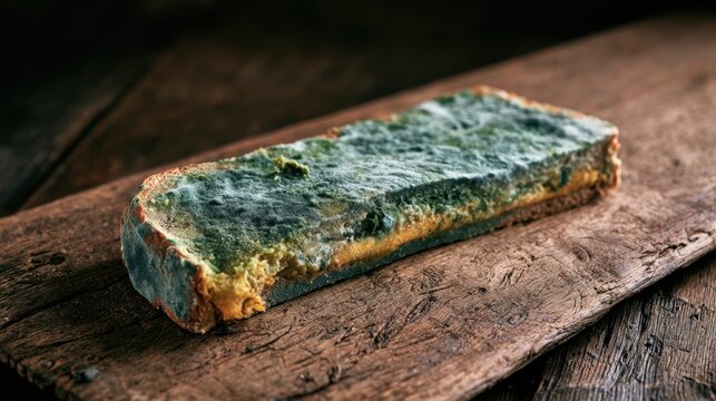 Close-up of old moldy bread with green and blue spore growth on wooden surface isolated on dark rustic background with natural light showing decay detail