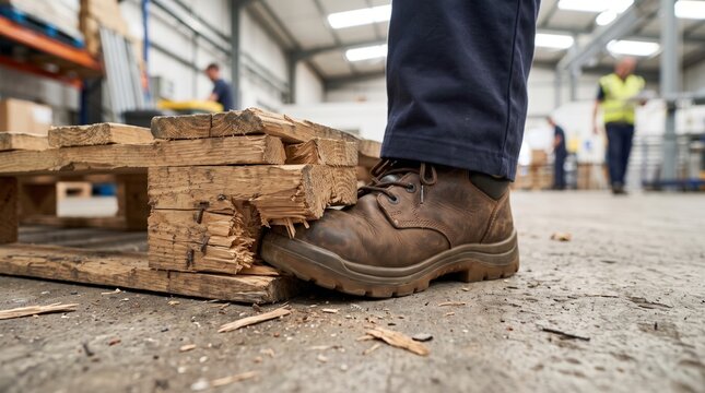Worker's safety boot trapped under broken wooden pallet in warehouse