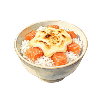Watercolor illustration of a salmon mentaiko rice bowl with torched mayo topping